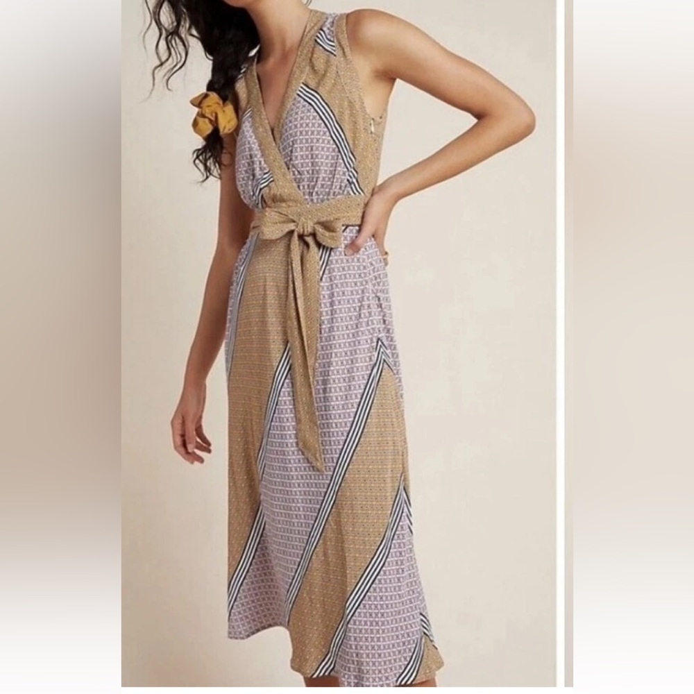 Maeve Tan and Black Midi Dress
